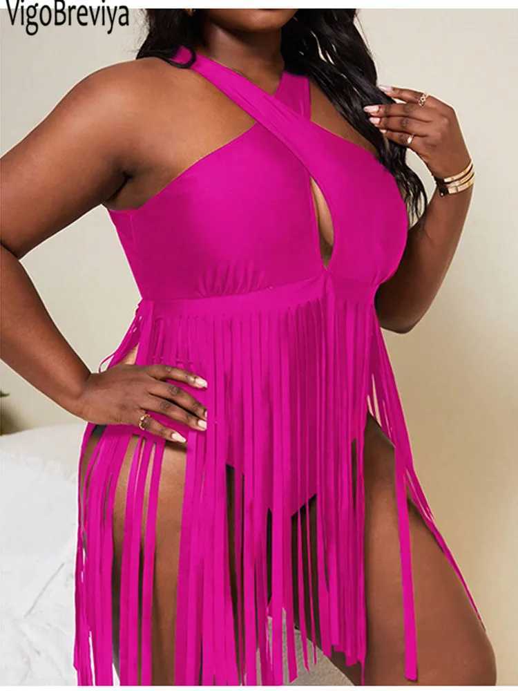 VigoJany 2025 Solid Tassels Plus Size Swimwear Women Push Up Chubby One Piece Swimsuit Cross Hollow Lady Large Bathing SuitXJ240108