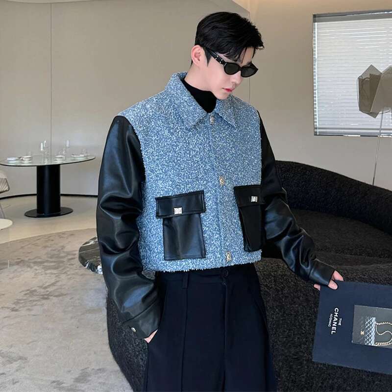 Autumn Fabric Short Fashion Jackets Patchwork Faux Leather Color Contrast Trendy Casual Outerwear Male Clothes