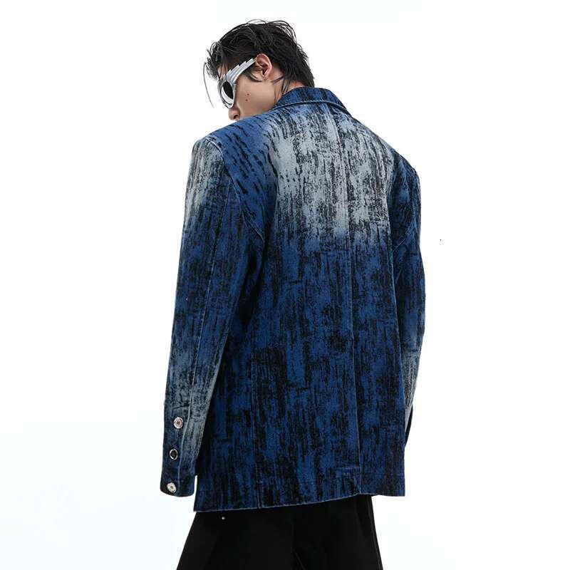 Tie Dye Vintage Design Shoulder Padded Suit Jacket Denim Blazer Coats Male Original Personalized Trendy Streetwear