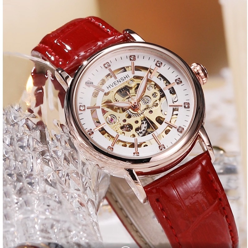 Elegant HVENSHI Women's Skeleton Dial Watch with Glow-in-the-Dark Feature and Stylish Leather Strap