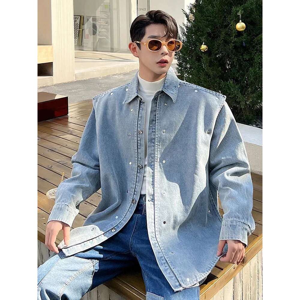 Fake Two Piece Trendy Denim Jacket Men Korean Street Handsome Casual Outerwear Spliced Original Designer Clothes