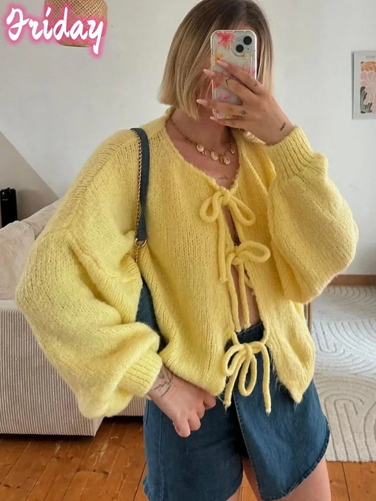 Womens Tie Front Bow Cardigan Sweaters Oversized Chunky Knit Cardigan Long Sleeve Open Front Loose Knitwears Bow Pink Tops 250106
