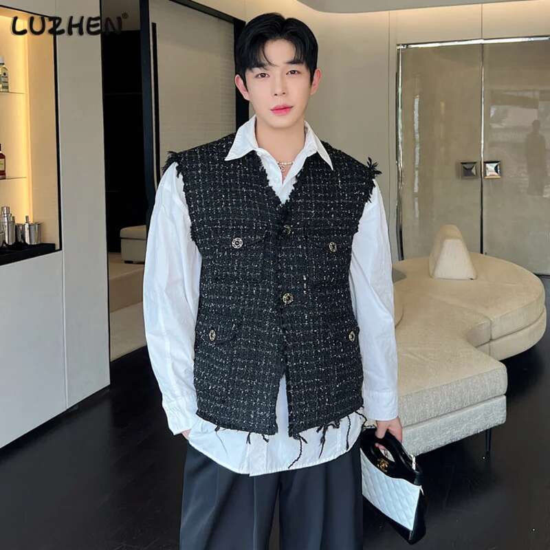 Korean Style Coarse Tweed Vest Coat Trend Men Knit Burrs Casual Tank Tops Fashion Male Versatile Elgance Clothing
