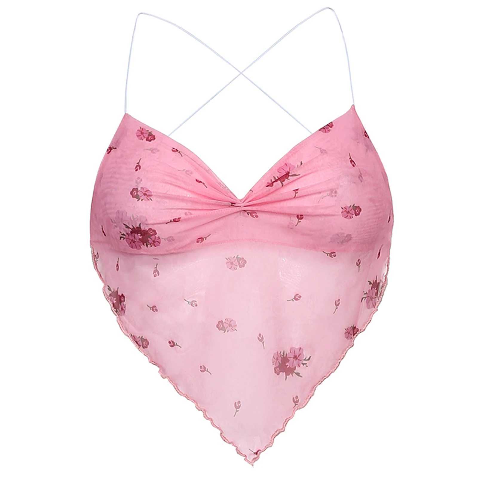 Womens Fairycore Sexy Swt Shr Mesh Camisol Cashless Italian Strap Floral Print Cris Cross Tie Back Crop Camisol Top W250109
