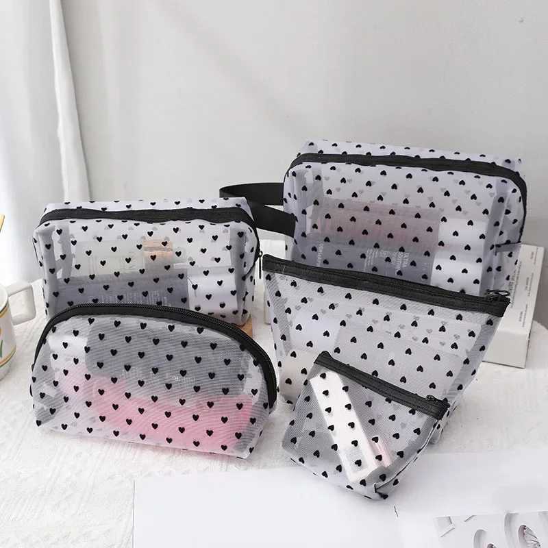 1 piece of transparent purple mesh cosmetic bag heart wave point cosmetic bag simple and portable laundry bag travel storage bag W250109