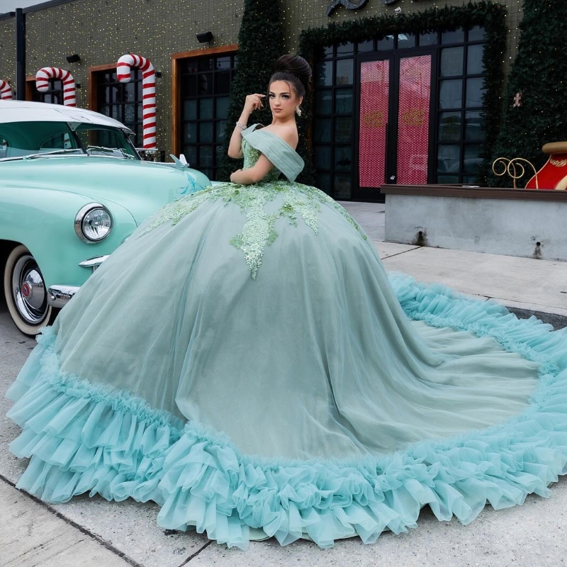 Mint Green Quinceanera Dresses Ball Gown Off The Shoulder Applique Beading Tull Tiered Party Birthday Sweet 16 Dress Vestidos 15 De Anos