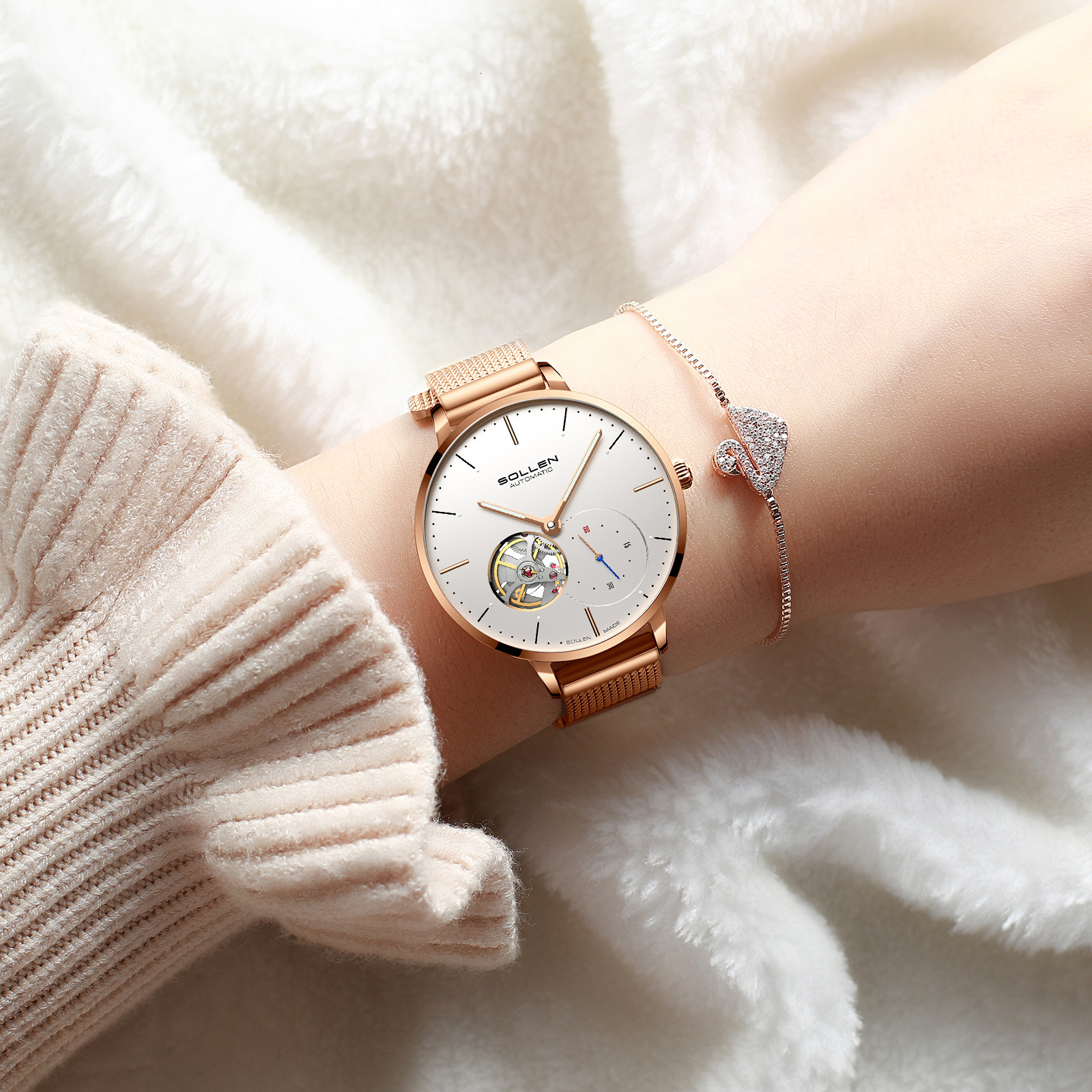 SOLLEN Ladies' Fashionable Skeleton Dial Automatic Mechanical Watch with Nylon Strap