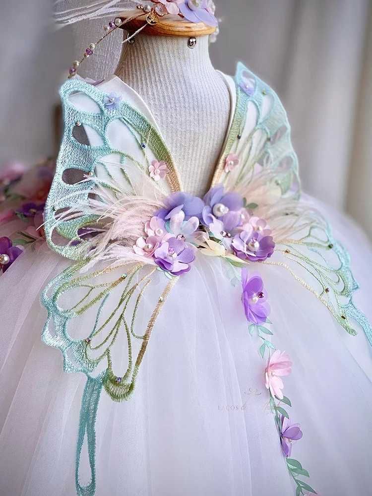Girls Flower Pearl Lolita Princess Dress 2024 New Butterfly Wings Fluffy Dress Carnival Birthday Par Performance CostumeXJ250108