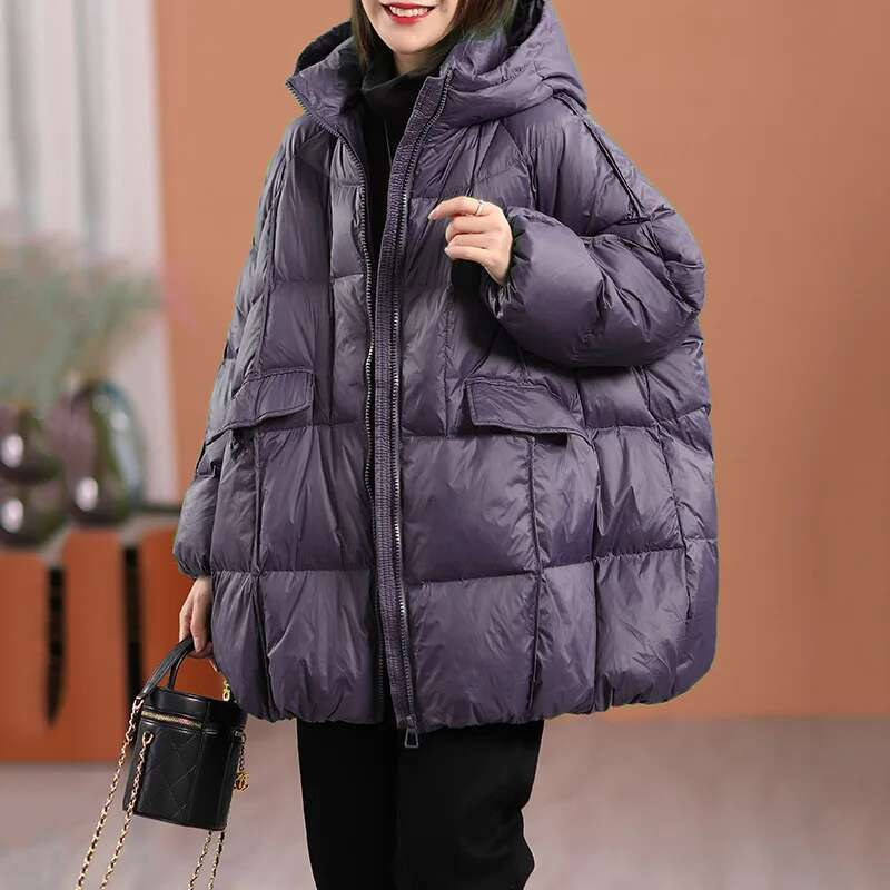 Lagabogy 2024 New Winter Women White Duck Down Jacket Hooded Warm Oversize Puffer Coat Female Casual Loose Parkas Pocket Outwear