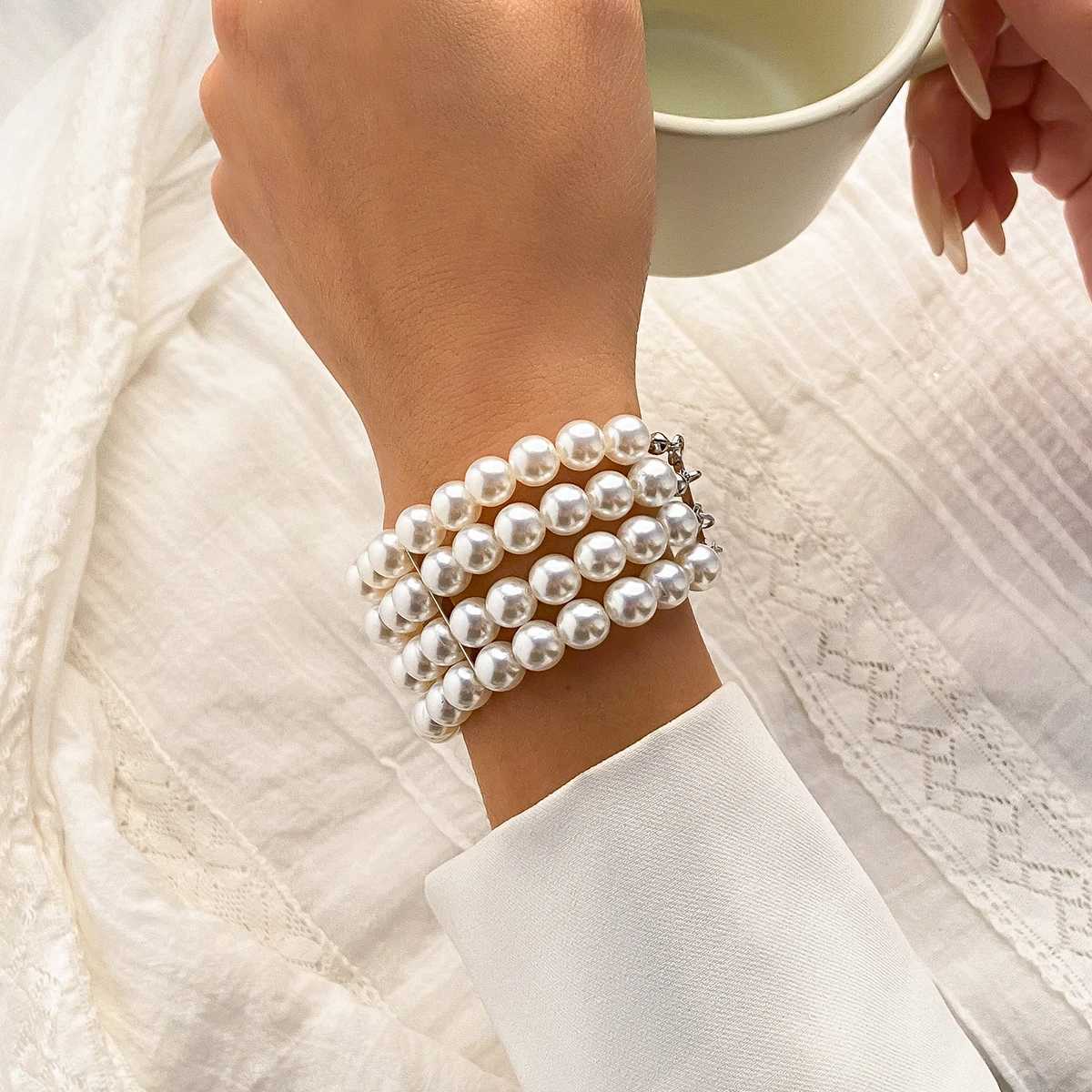 IngeSight.Z Luxury Multilayer Imitation Pearl Beaded Wide Cuff Bracelets For Women Simple Charm Bangles Party Birtay GiftsXJ250109