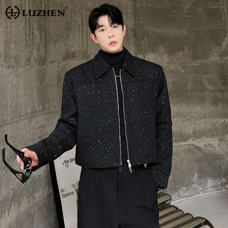 Stylish New Elegant Short Jacket Men's High Quality Trendy Sequin Outerwear Double Opening Zipper Korean Coat B2d7e9