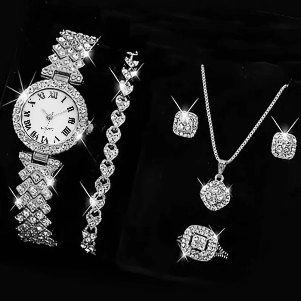 Womens Quartz Watch Gold Women Ring Necklace Earring Fashion Wristwatch Casual Ladies Watches Jewelry Set 241228