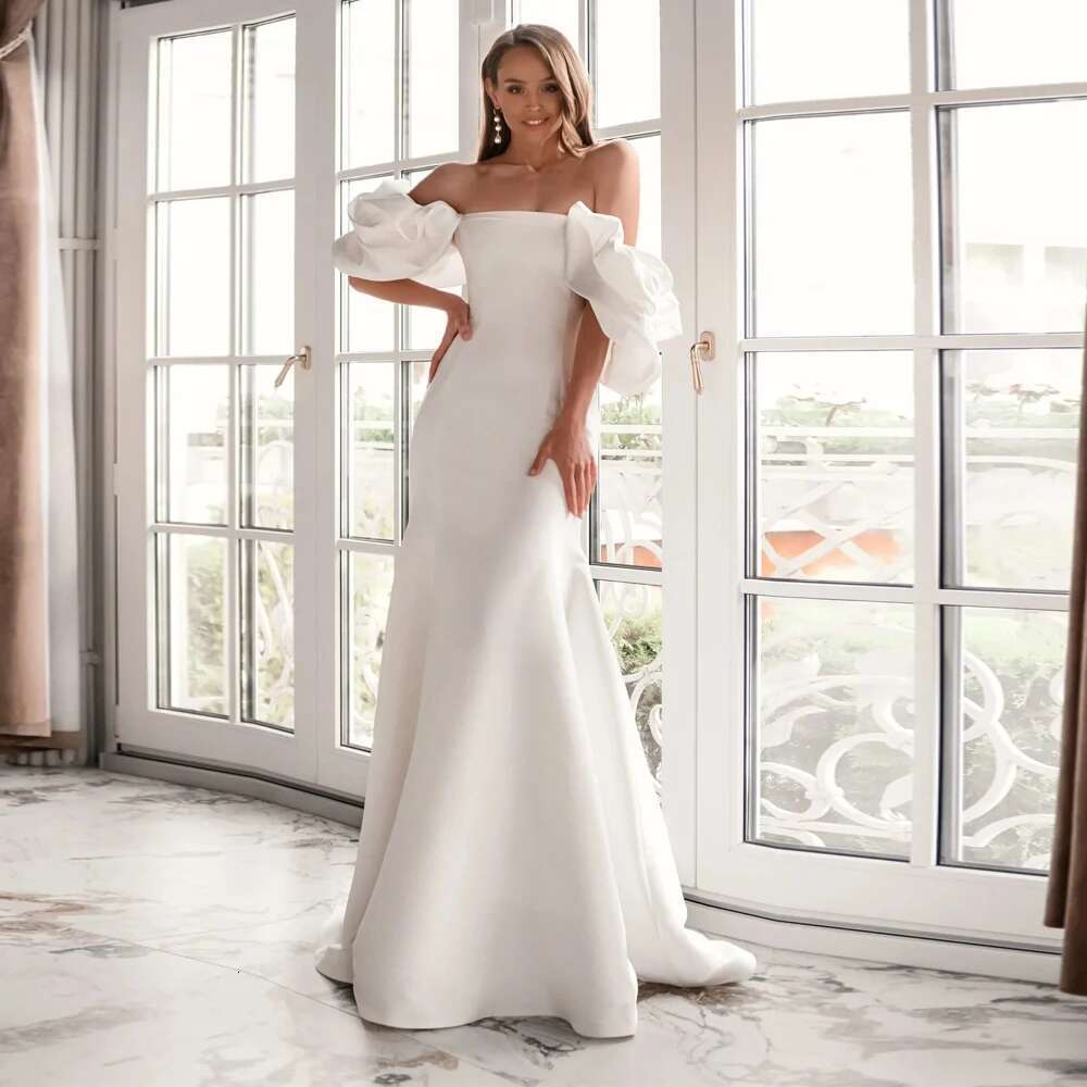 Ruched Short Sleeves Bridal Dresses with Wrap Off the Shoulder Mermaid Wedding Gowns Satin Remove Cape Vestidos De Novia
