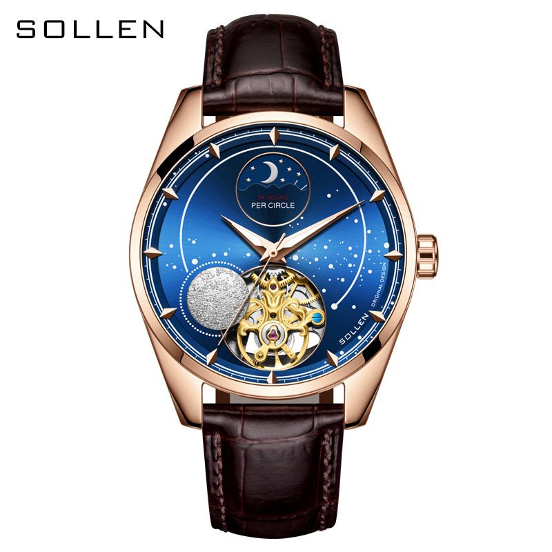 Men's Star Moon Design Mechanical Watch with Leather Strap