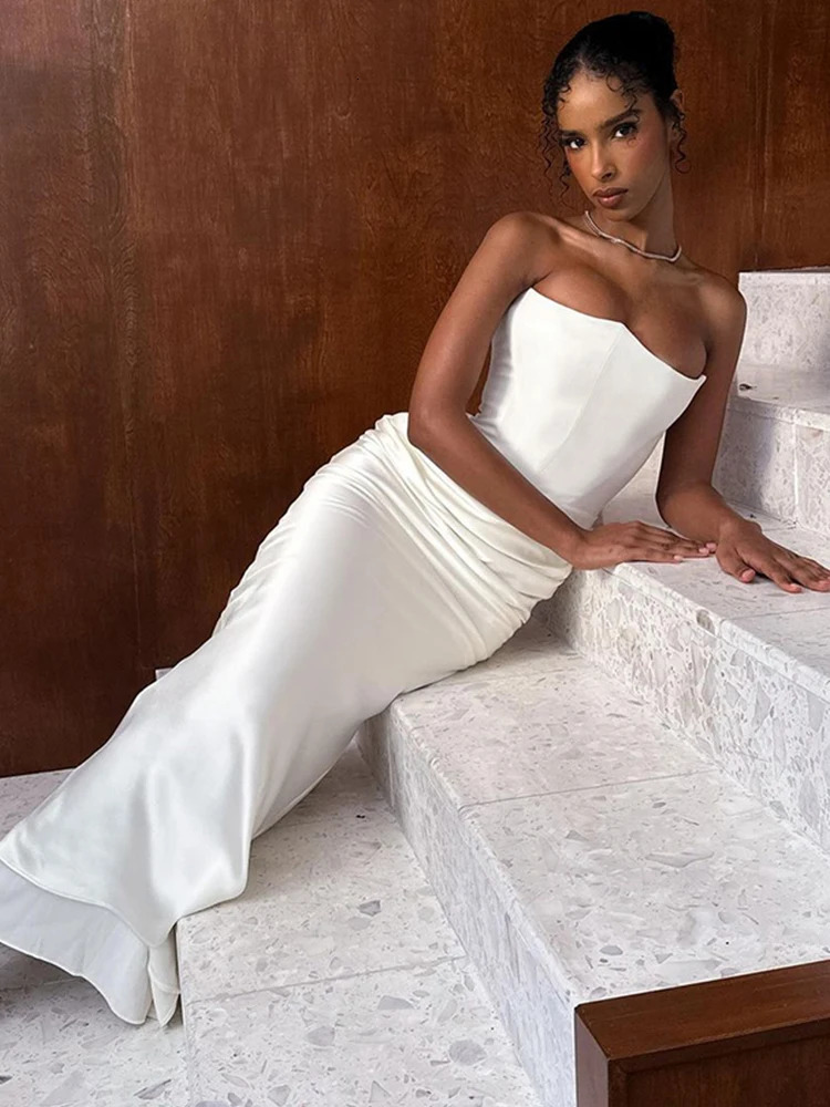 Weird Puss Strapless Ruched Women Long Dress Skinny Temperament Sensual Sexy Mermaid Bodycon Ladies Evening Party Event Vestido 250108