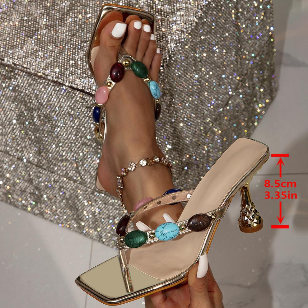 Fashion Designer Colour Gem Narrow Band Flip Flops Women Shoes Slipper Summer Party Low Heels Sandals Female Mules 36-42