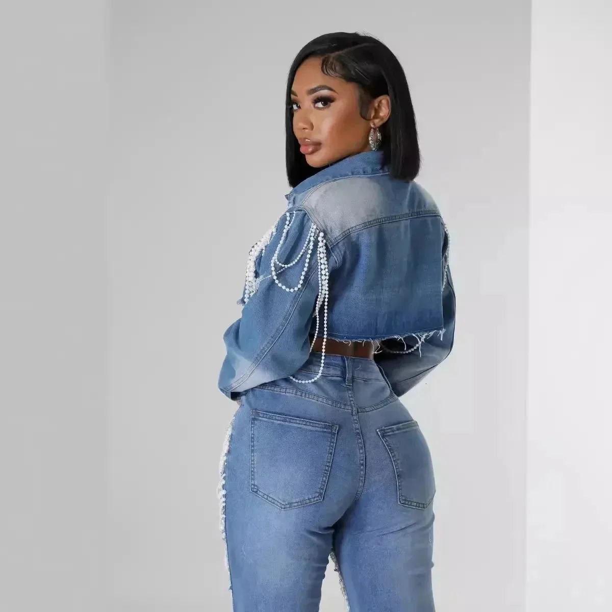 CMYAYA Pearl chain Long Sleeve Women Denim Jackets Turndown Collar Ripped out Coat Single Breasted Street INS Tops 250109