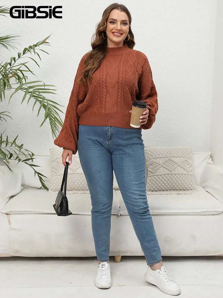 GIBSIE Plus Size Womens Short Sweaters Autumn Winter 2023 Causal Mock Neck Lantern Long Sleeve Pullover Knitted Sweater Tops