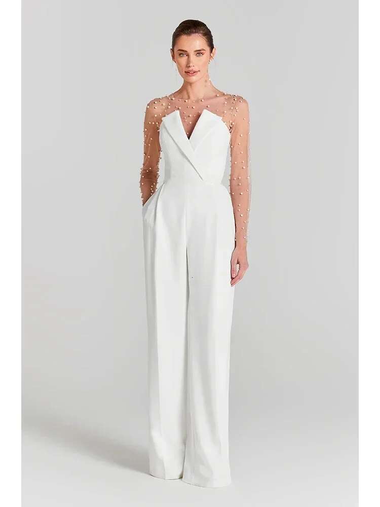 Sexy Long Sleeves Mesh Pearl Beaded Bodysuits+Strapless Two Piece Women White Jumpsuit Suits Evening Runway Sets