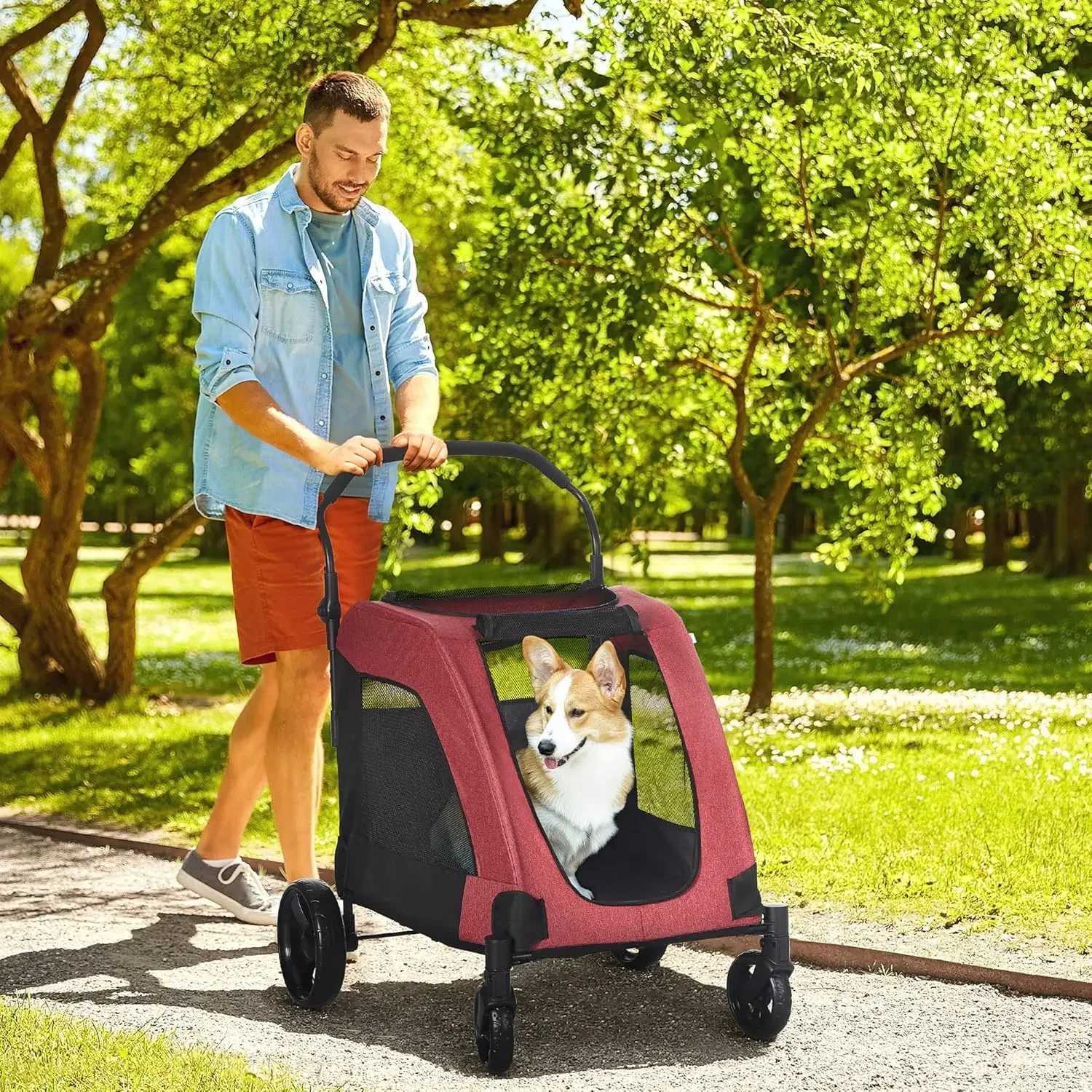 Dog stroller suitable for medium and large dogs 4-wheel folding pet cat stroller with universal wheels storage basket safety belt W250109
