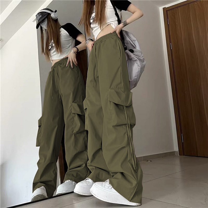 American vintage niche workwear pants for women, featuring 3D pockets, high-waisted, straight-leg, wide-leg, with decorative straps and loose, casual,