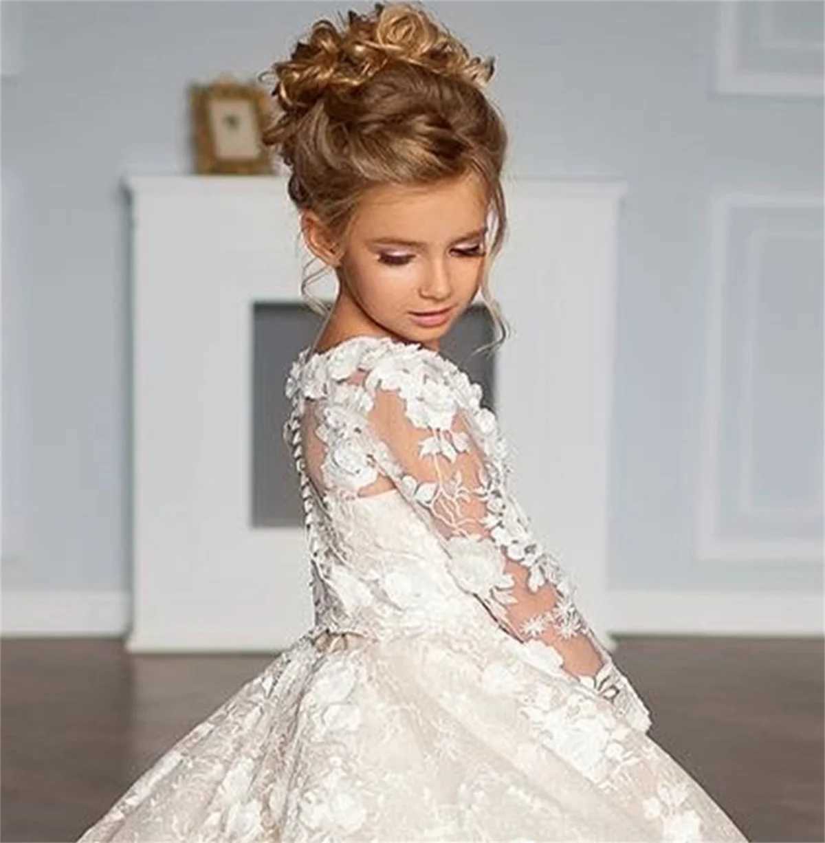 Flower Girl Dress White Tulle Lace Applique Elegant Wedding Litter Flower Child Birthday Celebration Eucharist Par DressXJ250108