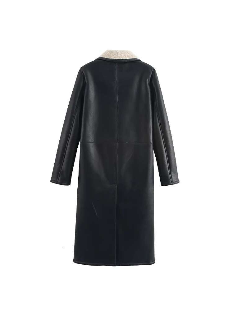 2024 Autumn And Winter New Arrivals Women's High-End Double-Breasted Long-Sleeved Lapel Faux Fur Over-The-Knee Leather Jacket