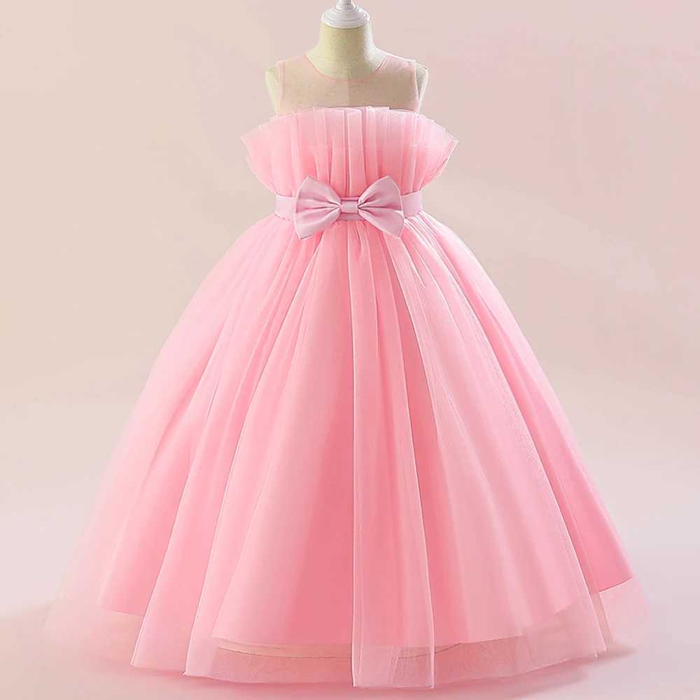 Summer Tulle Bridesmaids Pink Par Dresses for Girls Elegant Bow Princess Wedding Girls Dress First Communion Wedding Prom GownXJ250108