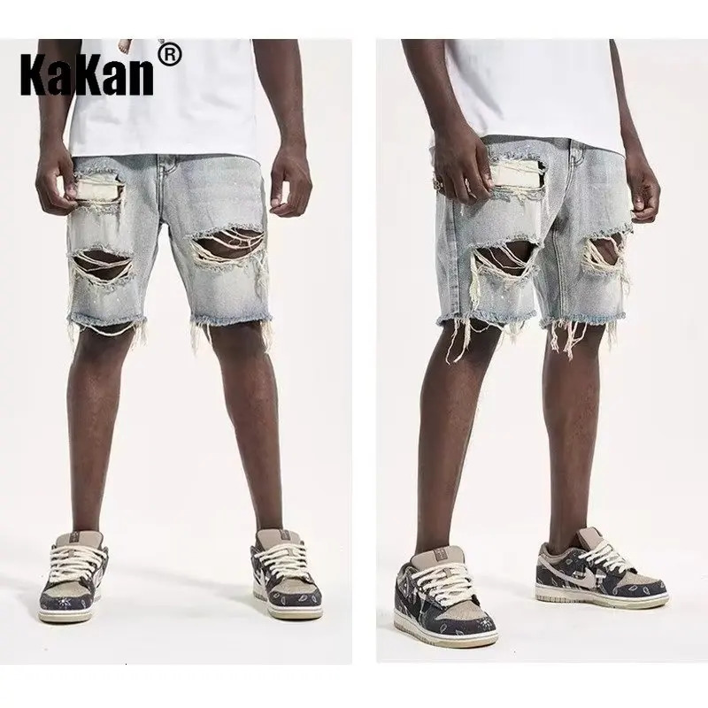 Kakan Summer Distressed Denim Shorts for Men Korean Youth Slim Fitting Small Leg Quarter Pants Jeans K58DK322 250106
