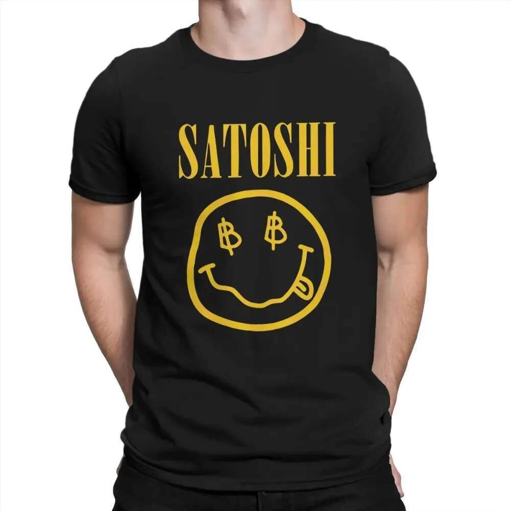 T-shirt men's short sleeved yellow, summer and humorous, polyester fiber, cigarette image, Bitcoin Satoshi, Harajuku, Y-retro, fashionable