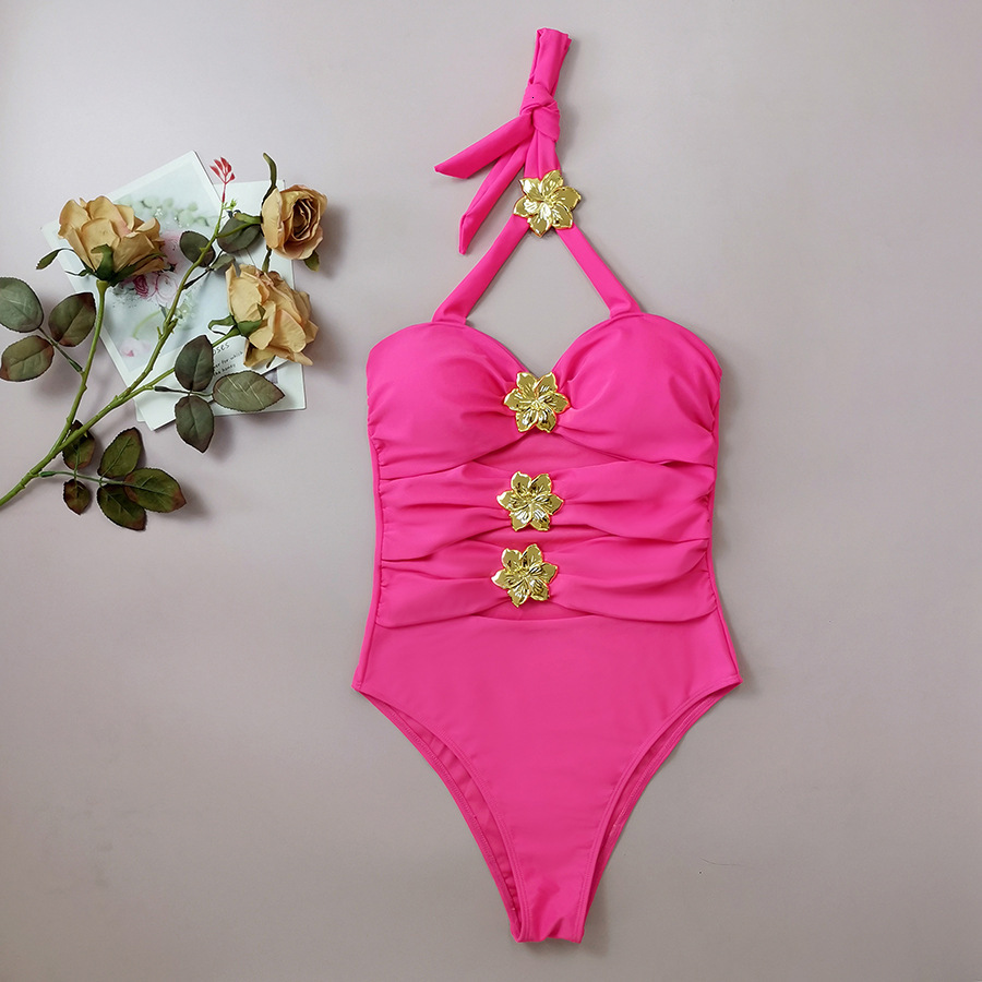 2025 new sexy hollow integrated metal flower decoration hanging neck bikini designer women's swimsuit trendy beach swimsuit