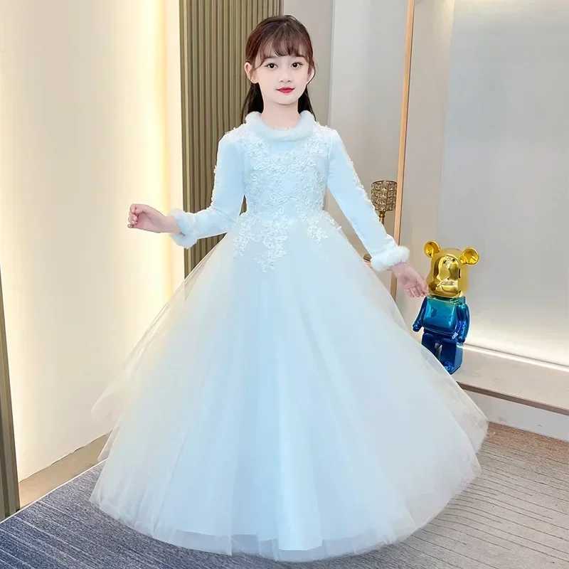 Fashion Children Evening Dresses Mesh Lace Long Sleeve Warm Girls Princess Dress Winter Kids Bridesmaid Dresses 4-14 YearsXJ250108