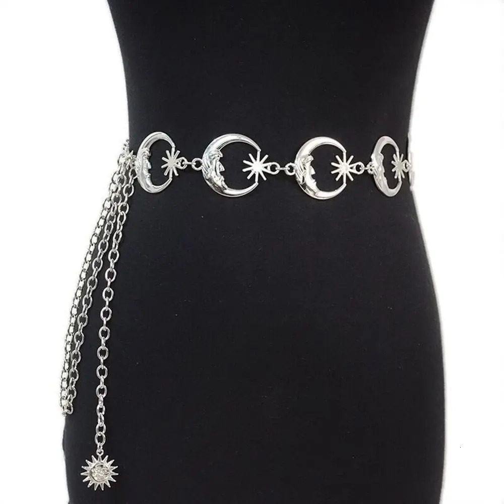 Metal belt chain belt womens waist moon sun womens punk dress belt Gothic accessories 250107