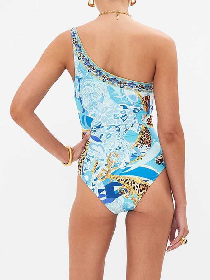 Womens Seaside Wave Blue opard Print One Piece Bikini Slim Fit Swimsuit with Trunks Fashion Design Fresh Design 2025XJ240108