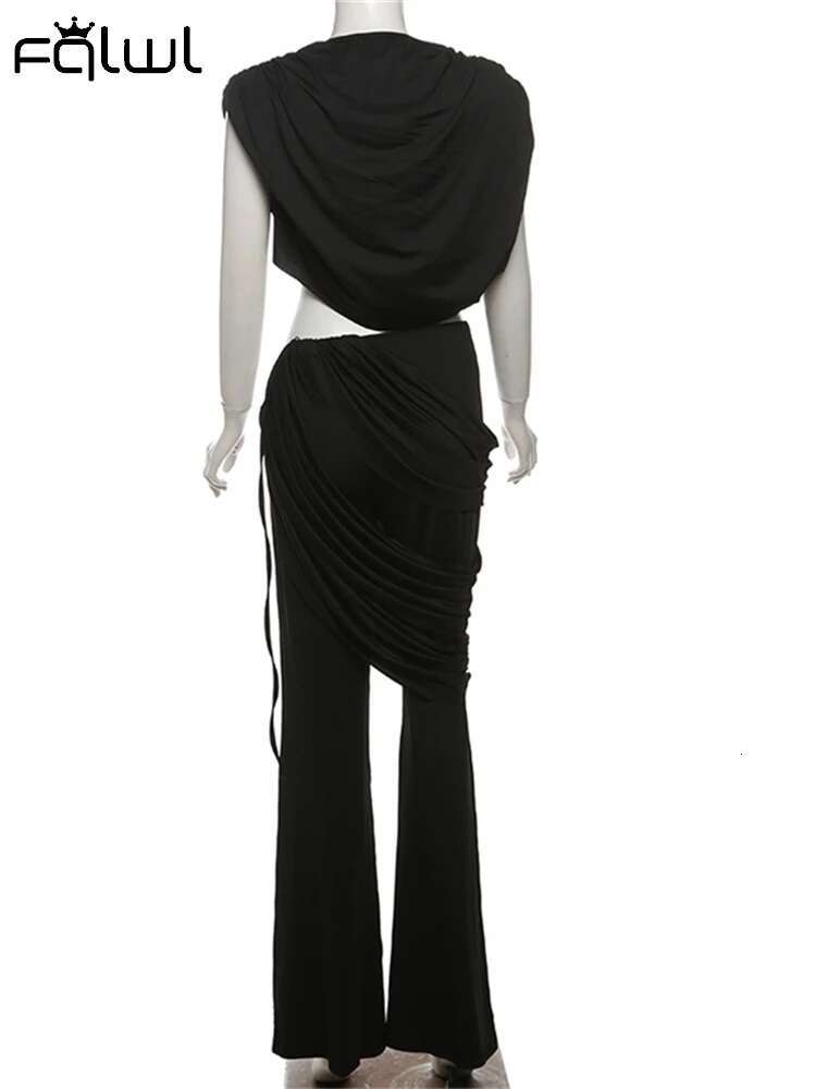 Habbris Autumn Elegant Ruched Women 2 Piece Set Party Outfits 2024 Sleeveless Crop Top+Metal Design Irregular Flared Long Pants