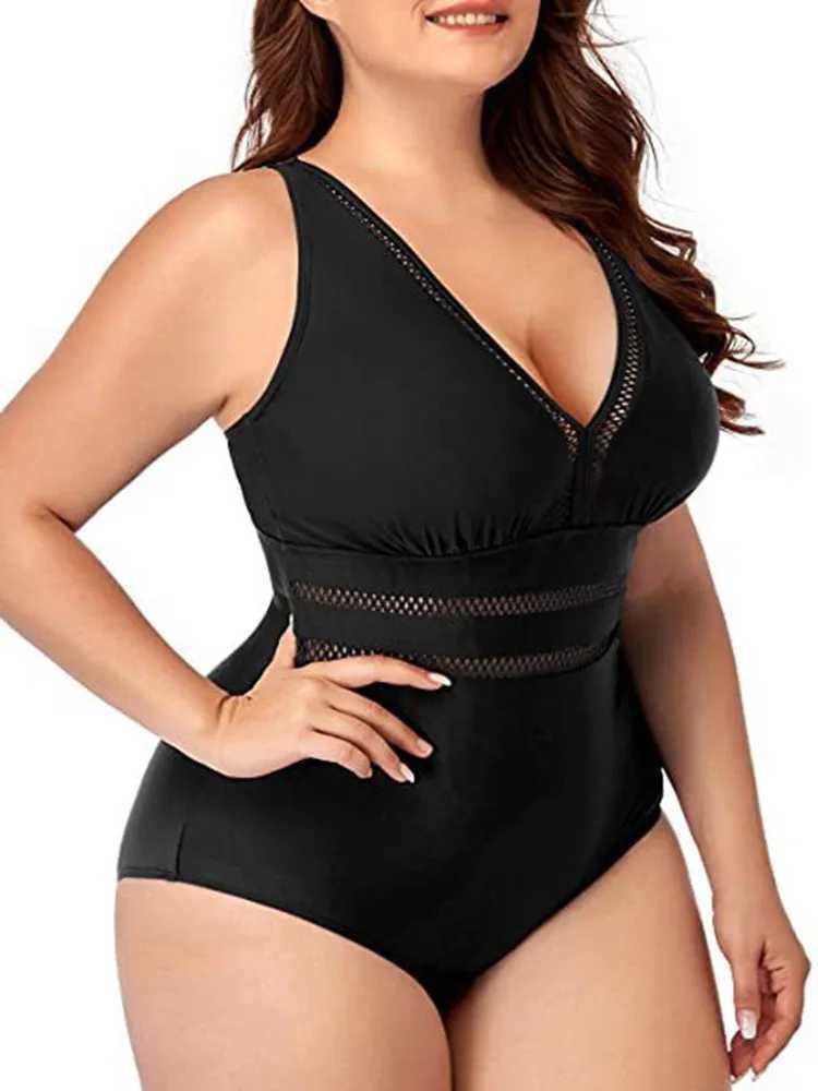 Plus Size Swimsuit Women 2023 Swimwear One Piece Tankini Large Size Solid Color Swimming Sport Mesh Stitching Bikini BathingXJ240108