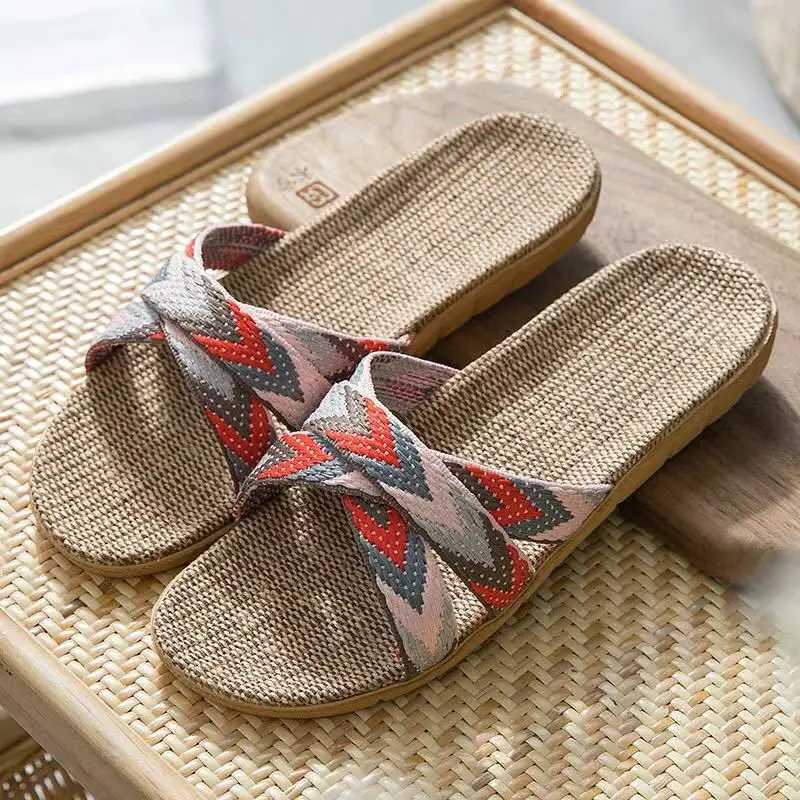 New Arrival Mntrerm new home casual sports shoes summer mixed color floor womens indoor flat shoes cross linen slippers Terlik T250108