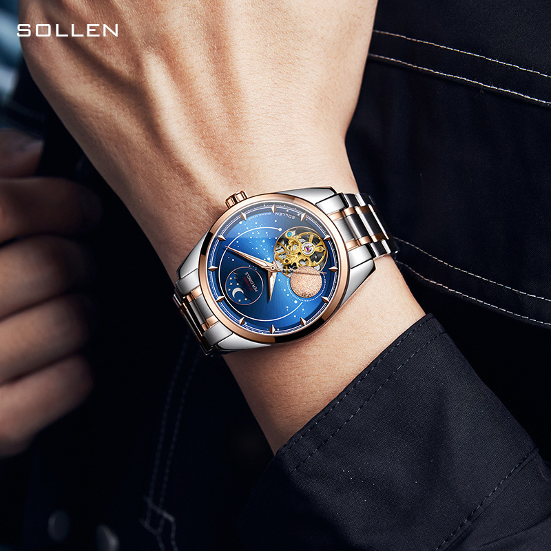 Men's Star Moon Design Automatic Mechanical Watch with Stainless Steel Band