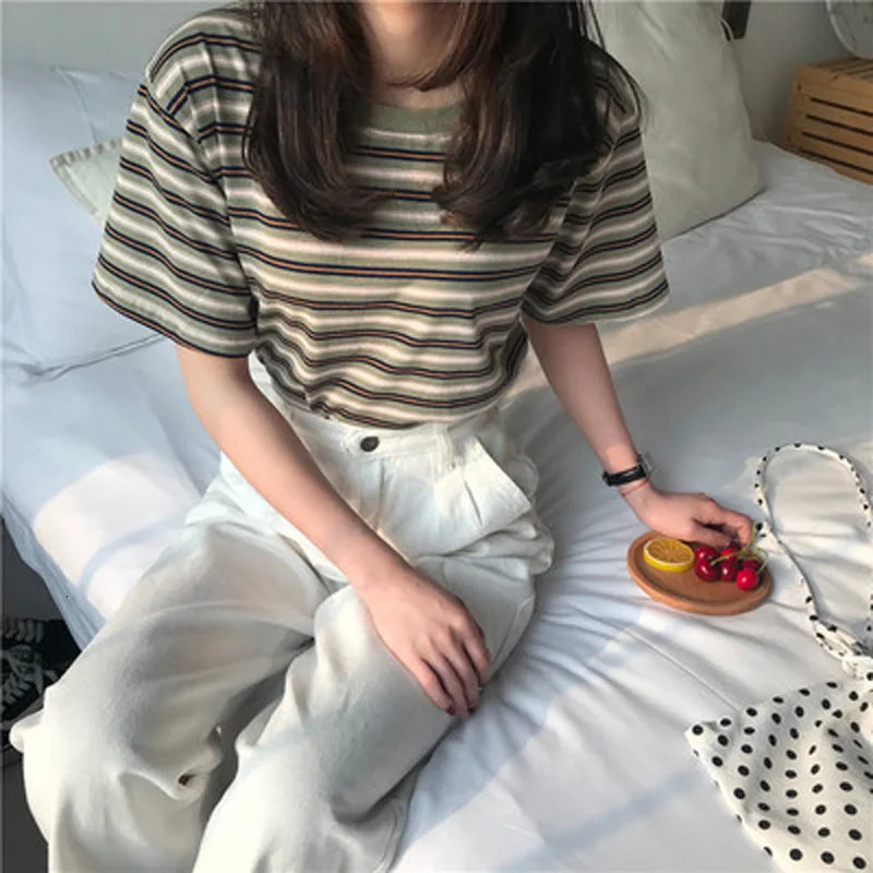 MRMT Womens Striped tShirts Contrast Color Women t Shirt Loose Woman Bottoming Shirts Tops Tees 250108