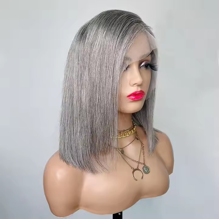 Short Bob HD 4x4 Gray Lace closure front Human Hair Wigs For Women Brazilian Remy Grey Colored Transparent Lace Frontal Wig Pre-plucked