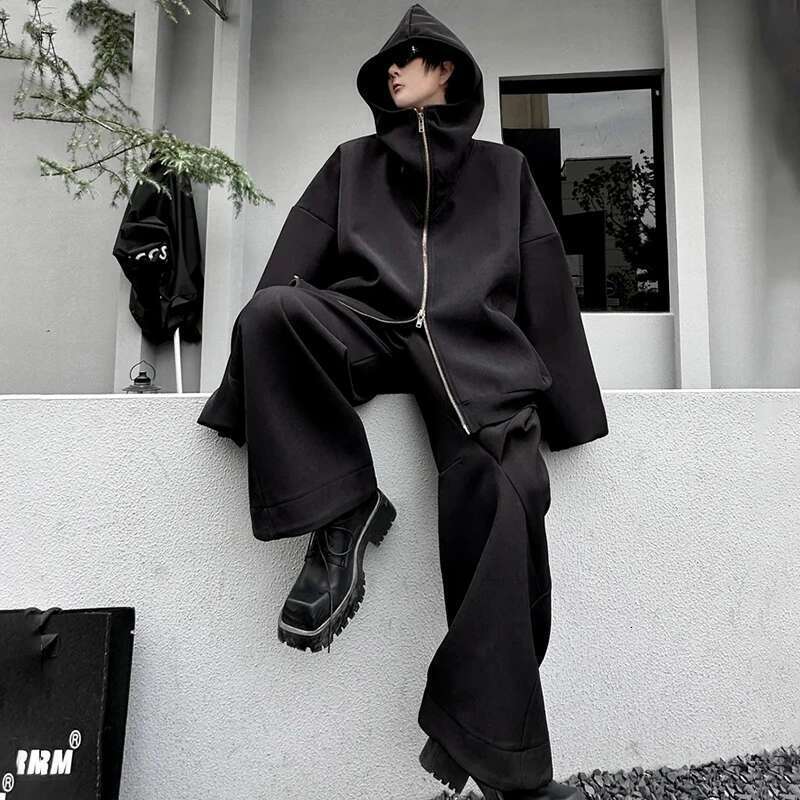 Stylish Men's Solid Color Original Design Loose Hooded Two-Piece Sets Trendy High Street Jacket Baggy Pants