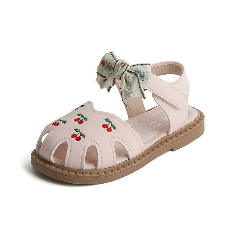Summer girls sandals embroidered cherry childrens princess shoes childrens barefoot beach sandals soft soled anti slip baby shoes W250108