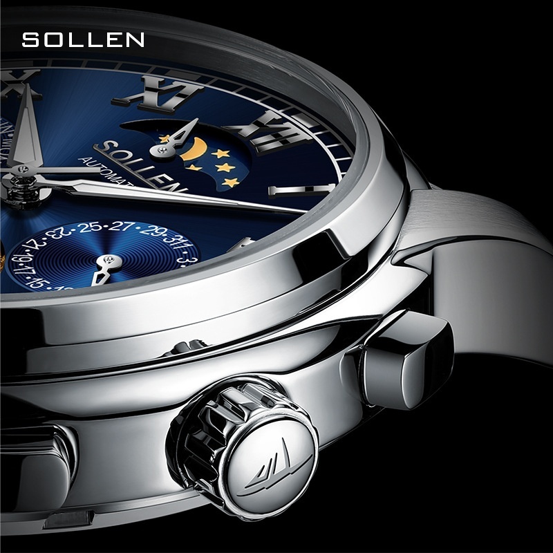 SOLLEN Stylish Automatic Full Steel Mechanical Flywheel Watch with Starry Sky Luminous Dial for Men