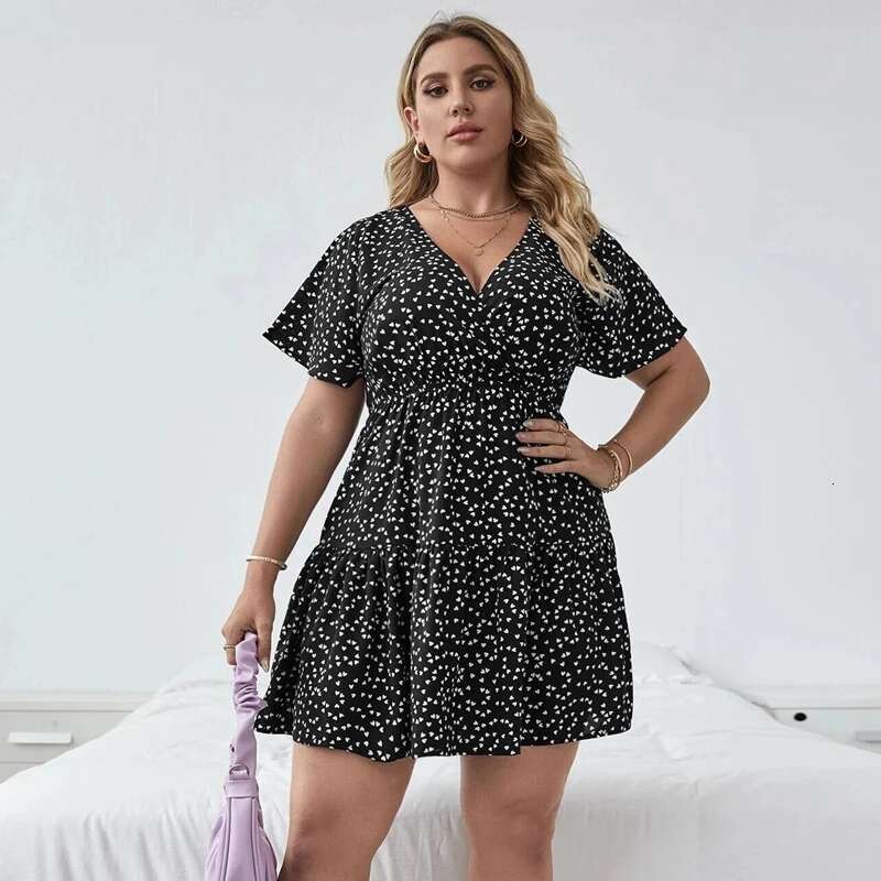 Plus Ral Print Summer Casual Tiered Women Short Sleeve Heart Pattern Boho Large Size Fit Flare A-E Dress