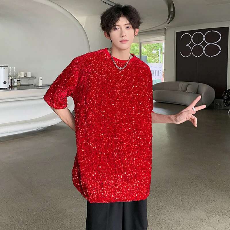 Colorful Sequin Design Personality Trendy Short Sleeved T-Shirts Summer New Original Fashion High Street Men Tops