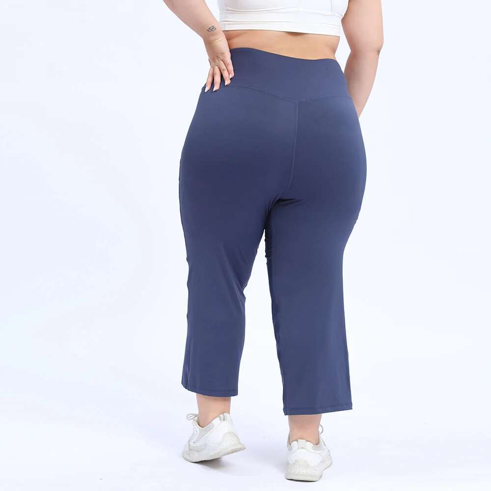 Vnazvnasi Nylon Plus Size Women Yoga Middle Waist Wide-Legged Trousers With Pockets 2 Sides Fiess Seven-Minute Pants