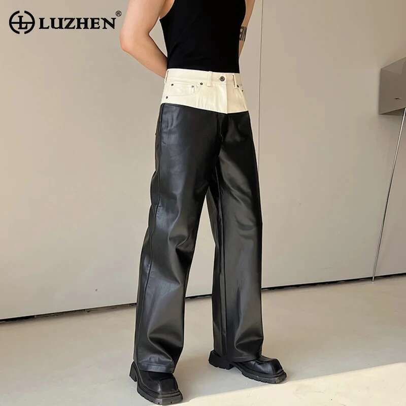 Trendy Color Contrast Splicing Leather Pants Men Niche Design Casual Straight Fashion Elegant Loose Trousers