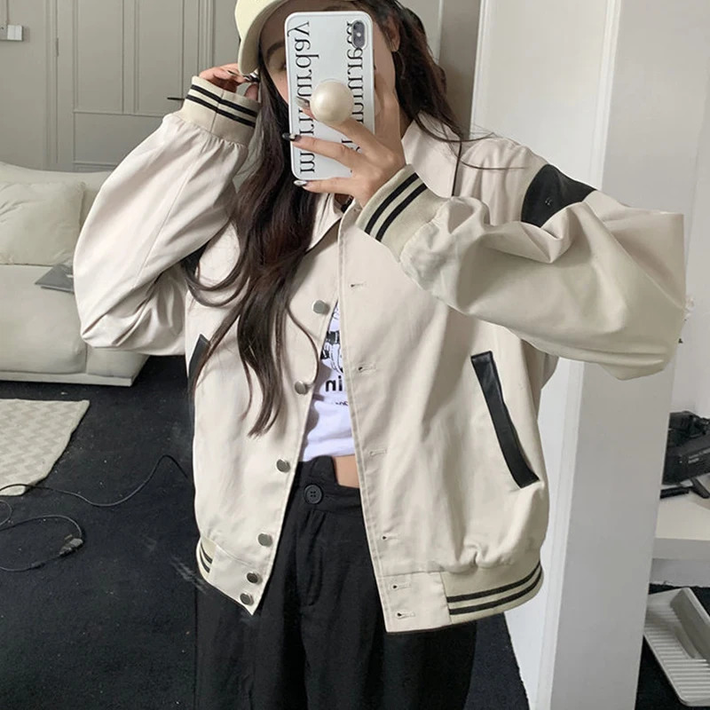 Rimocy Korean Fashion Baseball Uniform Jacket Women Chic Turn Down Collar Bomber Jackets Woman Streetwear Button Up Coats 250109