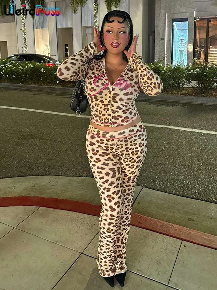 Weird Puss Leopard Letter Print 2 Piece Set Women Tracksuit Sporty Casual Hooded Crop Jacket+Flare Pants Stretch Matching Suits