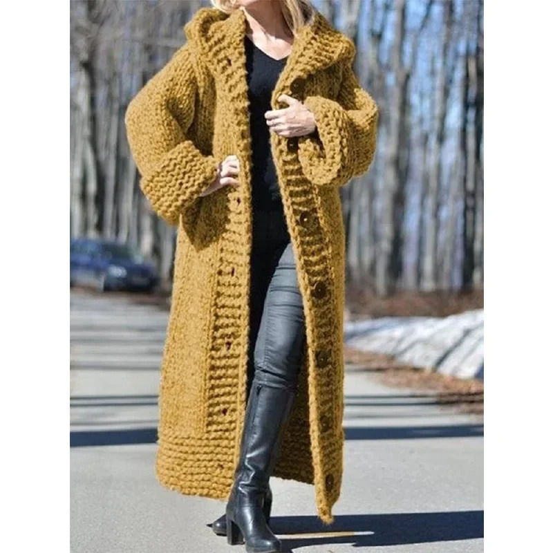 Cardigan Women Hooded Knit Sweater Thick Coat Button Long Jumpers Solid Elegant Loose Coats Jumpers Casual Lady Winter 250106